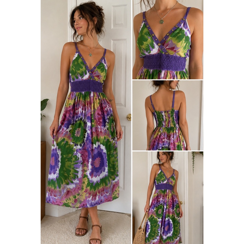Y2K Watercolor Floral Boho Midi Dress Purple Crochet Fairycore Empire Waist S